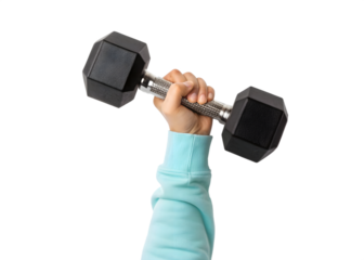 Hand holding a black dumbbell isolated on transparent background, fitness training