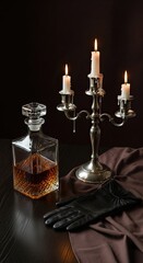 luxurious setting featuring a whiskey decanter, a silver candelabra with candles, and elegant black gloves on a dark table.