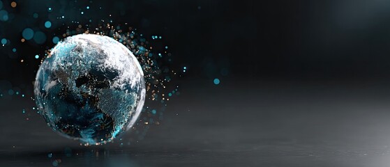 Digital globe representation showing earth with vibrant lights and particles on a dark background at night