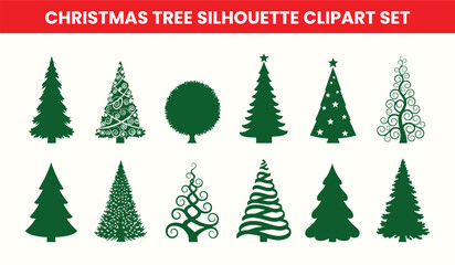 Set of various dark green Christmas tree silhouettes, different shapes and designs
