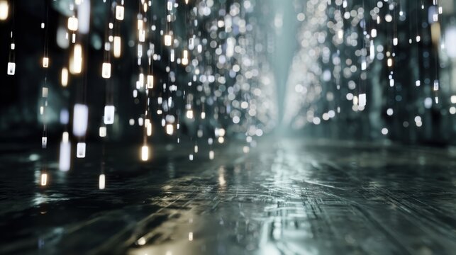 The Matrix concept: glowing vertical particles fall onto a dark, wet, technological floor.