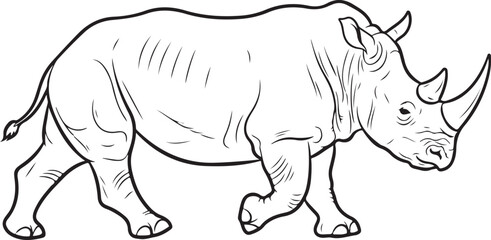 Black and White Line Art Drawing of a Rhinoceros Walking