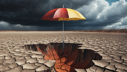 Parapluie coloré flottant au-dessus d’un sol fissuré, symbole d’espoir et de résilience