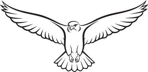 Stylized Black and White Line Art of a Flying Falcon with Spread Wings