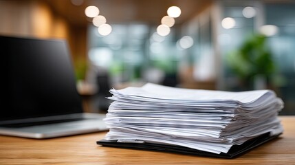 Pile of documents beside a laptop in a modern office setting during the day