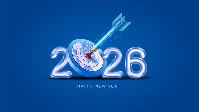 2026 new year target concept design. Educational pencil replaced with dart and hitting bulls eye.