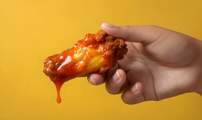 a hand holding a crispy fried chicken wing coated in glossy bright orange-red buffalo sauce