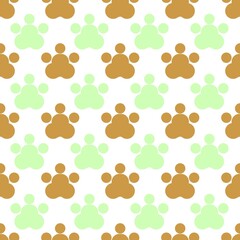 Cute seamless pattern of brown and green paw prints on a white background. Brown and green paw print seamless pattern background with doodle style. Seamless brown and green paw print pattern.