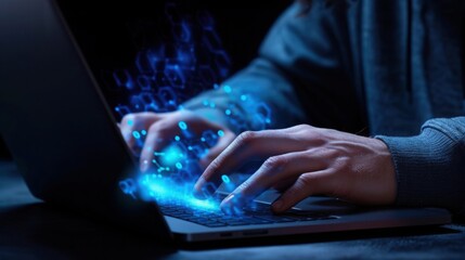 Programmer Hand Laptop Keyboard Holographic Data Screens Code Snippets Digital Hexagon Icons Deep Blue Technology