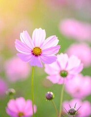 Obraz premium Delicate pink flower with yellow center, blooms in a sunlit meadow. Other blossoms in soft focus create a dreamy, natural scene