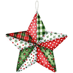 decorative star ornament featuring a patchwork of red, green, and white patterns, festive celebrations. ,watercolor clip art isolated on white background