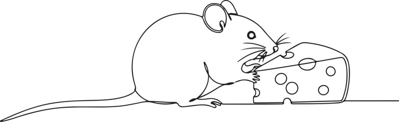 Continuous Line Drawing of a Mouse Eating Cheese