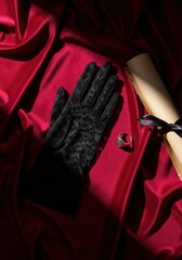 black lace glove and a scroll lie atop rich red fabric, dramatic and elegant arrangement.