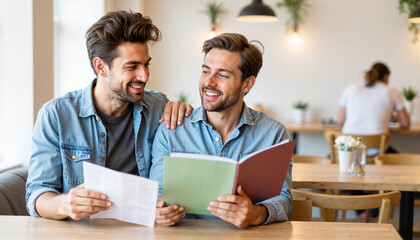 Two smiling men, a gay couple, relax at a cafe, reading menus, enjoying a relaxed, casual moment together, set against a bright, modern interior, for lifestyle content with copy space.