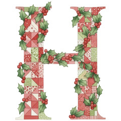 festive letter H with patchwork patterns and holly leaves, holiday-themed designs. ,watercolor clip art isolated on white background