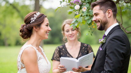 Happy wedding couple exchange vows during outdoor ceremony, with the officiant reading the text, and green background representing love and commitment, for use in marriage-related campaigns.