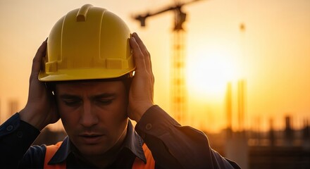Mental health in the workplace, A construction worker in a hard hat holds his head, stressed against a sunset and a construction site backdrop.