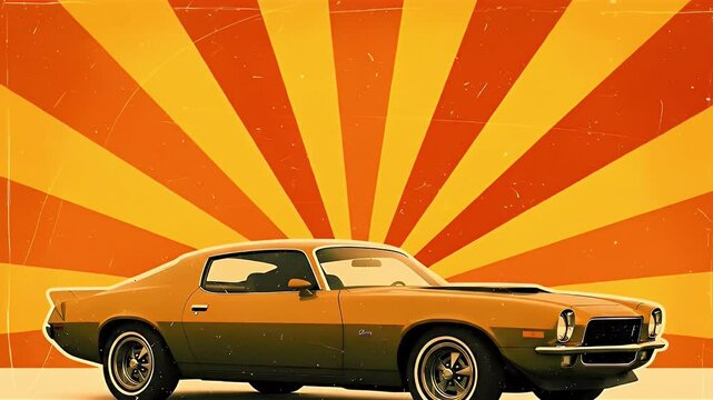 Vintage automobile illustration with orange and yellow background rays suitable for various visual projects