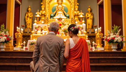Naklejka premium Asian couple kneeling in temple to worship golden statues with floral arrangement. Asian couple observes religious observance in devotion and reverence.