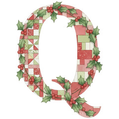 festive letter Q with patchwork patterns and holly leaves, holiday-themed designs. ,watercolor clip art isolated on white background