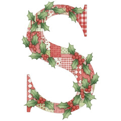 festive letter S with patchwork patterns and holly leaves, holiday-themed designs. ,watercolor clip art isolated on white background
