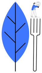 Large blue leaf and fork emphasize healthy, eco-friendly living. Person with lightbulb symbolizes innovative ideas. Ideal for health, sustainability, innovation, food, eco-living, creativity