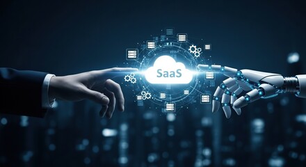 SaaS business models, A human hand reaches toward a robotic hand, with a cloud symbol ,the convergence of technology and human collaboration.