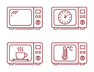 Four Line Art Icons of Microwaves Showing Different Functions