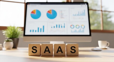 SaaS business models, A modern workspace featuring a computer data charts, with wooden blocks spelling "SAAS" on the table, software as a service.