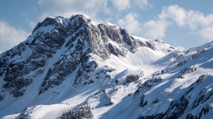 Fototapeta premium Rugged mountain peak, partially covered in snow, reaching into a blue sky with soft, scattered clouds
