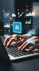 SaaS business model, A person typing on a laptop with digital graphics, including AI, charts, and data, illustrating the integration of technology and artificial intelligence.