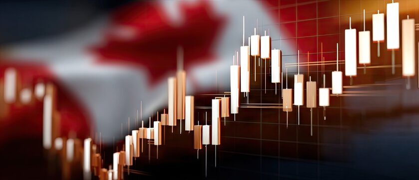 Canadian financial market graph overlaid on a Canadian flag showcasing trading activity and stock fluctuations during business hours