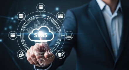 SaaS business models, A business professional interacts with a cloud-based system, Software as a Service (SaaS) technology and digital connectivity.