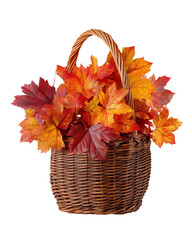 Handwoven wicker basket filled with autumn leaves,isolated on a white background