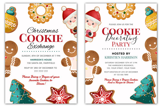 Gingerbread Christmas Cookie Exchange & Decorating Invitation Party Card Template Vector Set