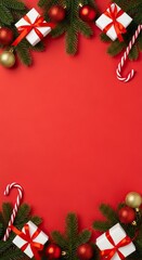 festive arrangement of holiday gifts, ornaments, and candy canes on a vibrant red background, Christmas celebrations.