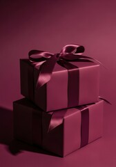 Two elegant gift boxes mockup wrapped in deep burgundy ribbon, a stylish and festive presentation against a matching background.