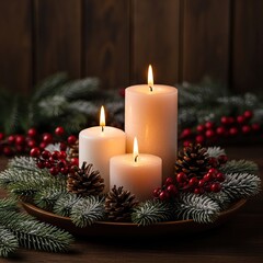 serene arrangement mockup of three lit candles surrounded by pinecones and festive greenery, a cozy, inviting atmosphere.