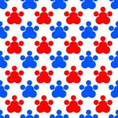 Seamless pattern of red and blue paw prints on a white background. Red and blue paw print seamless pattern background with doodle style. Seamless red and blue paw print pattern background.