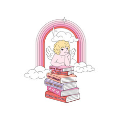 Bookish Angel with Stack of Books Clipart, Cute V-Day Book Lover Retro Aesthetic Illustration for T-Shirt Design, Scrapbooking and Stickers