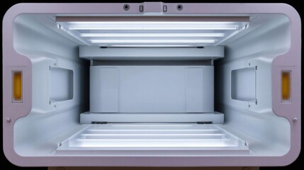 Obraz premium The interior of a pink-colored oven with the door open. the oven has a rectangular shape with a handle on the top and two small windows on either side.