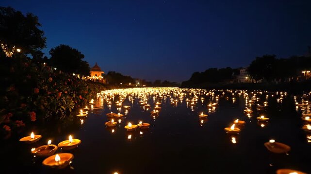 Eco-Friendly Diwali Celebration Biodegradable Diyas Floating on River Reflecting Night Sky, Sustainable Practices and Traditions