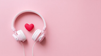 Headphones with a heart on a clean background, in a flat lay style. 