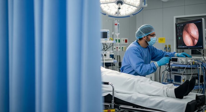 Doctor performing colonoscopy with live internal view