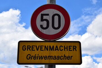 city limits sign of Grevenmacher in Luxembourg with limit 50 sign