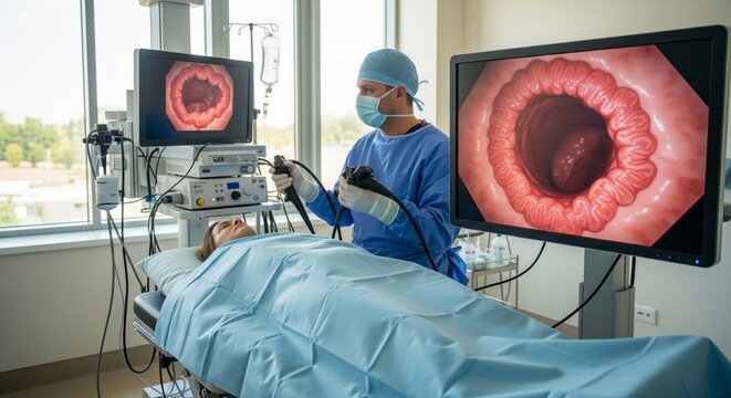 Doctor performing colonoscopy with live internal view