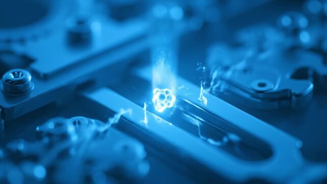A macro shot of detailed machine parts in cool blue hues, highlighting a scientific concept
