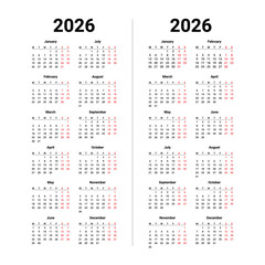 2026 monthly calendar planner schedule, 2026 Calendar Layout With Two Columns Of Months year On Transparent Background