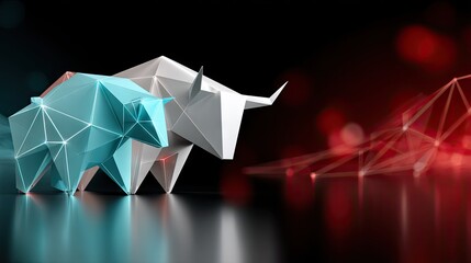 Bull and bear sculpture in digital style representing stock market trends with geometric shapes and colorful lights