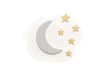 Dreamy Night Scene: Crescent Moon and Sparkling Gold Stars on White Fluff